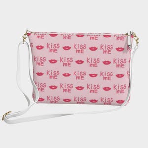 Pink Vegan Leather Crossbody Bag: Lips Print Small Shoulder Purse