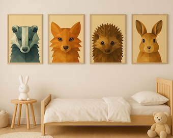 Juego de 4 impresiones geométricas de animales del bosque: zorro, tejón, erizo y conejo. Decoración moderna imprimible.
