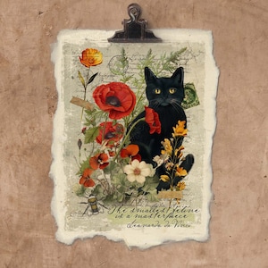 Artisan Wildflower Cat Handmade Paper Print.