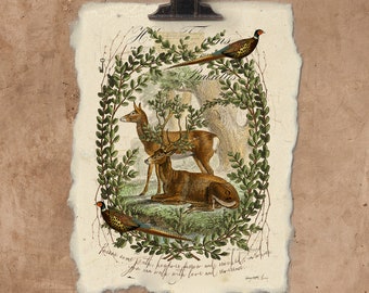 Artisan Deer Couple Handmade Paper Print.