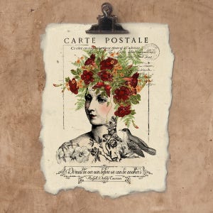 Artisan Red Flower Lady Handmade Paper Print.