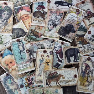 May include: A collection of vintage-style gift tags with various illustrations and text. The tags feature images of animals, nature scenes, and inspirational quotes. Some of the text includes "Time is a Great Storyteller", "All Roads Lead Home", "Some souls just understand each other upon meeting", and "Good Things Take Time".