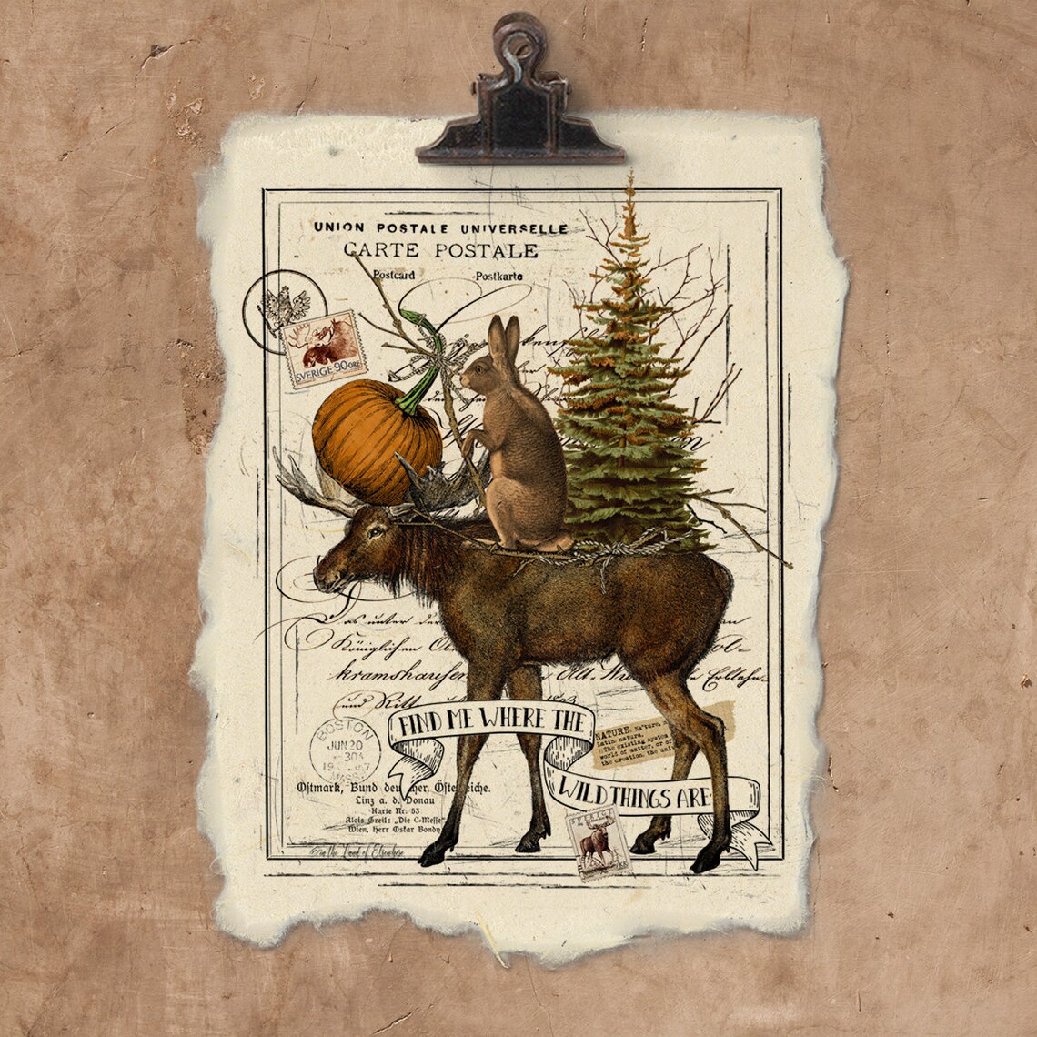 Moose Riding A Rabbit Artisan Moose and Rabbit Handmade Paper Print. - Etsy
