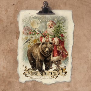 Artisan Santa And Bear Handmade Paper Print.
