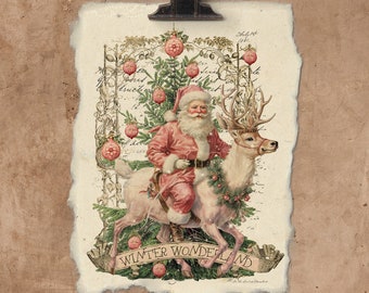 Artisan Pink Santa Handmade Paper Print.