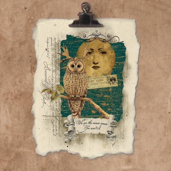 Artisan Owl & Moon Handmade Paper Print.