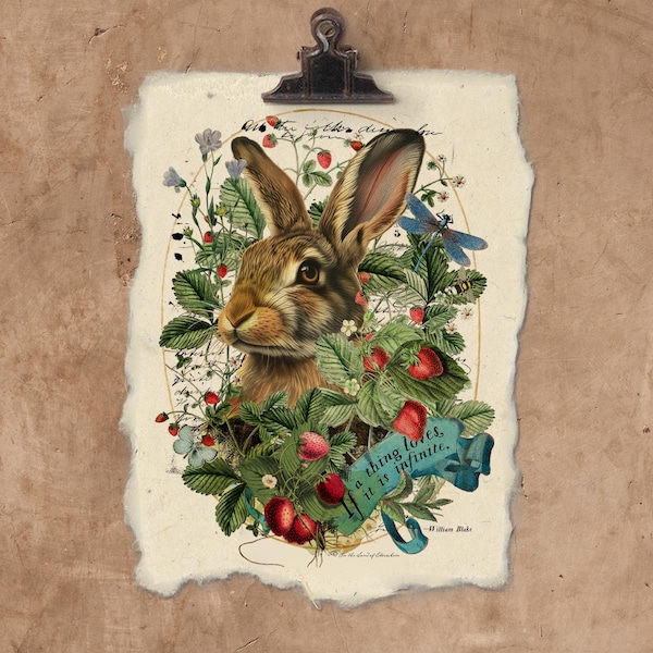 Artisan Magical Woodland Bunny Handmade Paper Print.
