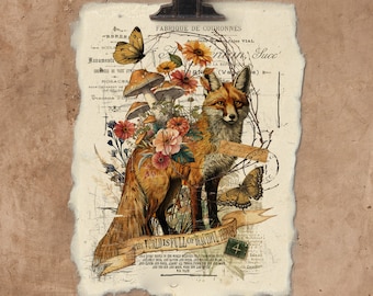 May include: A vintage-style illustration featuring a fox standing in a field of flowers and mushrooms. The fox is brown and orange with a bushy tail. The flowers are pink, yellow, and white. The mushrooms are brown and white. The background is a faded, textured paper with French text. The text reads "Fabrique de Couronnes" and "The world is full of beautiful things".