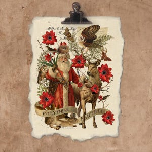 Artisan Whimsical Santa Handmade Paper Print.