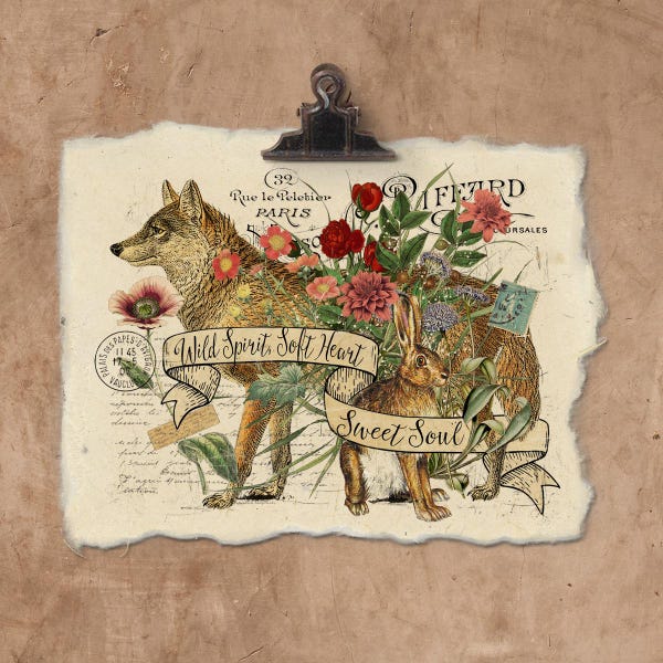 Artisan Wolf And Bunny Handmade Paper Print.