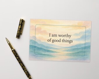 I Am Worthy Postcard – Positive Affirmation Card, Watercolor Self-Love Print, Mental Health Encouragement Gift