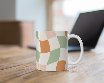 Pastel Checkerboard Coffee Mug: Retro Wavy Ceramic Mug, 11oz