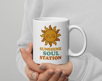 Sunshine Soul Station Mug | Retro 70s Sun Art Coffee Cup | Positive Vibes Ceramic Mug | Hippie Boho Morning Gift
