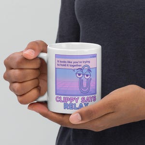 Vaporwave Pastel Gradient "Clippy Says Relax" White Glossy Ceramic Nostalgic Mug - Novelty Gift