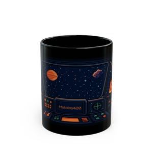 Sci-Fi Retro Cockpit View Personalised Black Mug, Customisable 11oz Ceramic Cup for Sci-Fi Fans, Spaceship Enthusiasts, Geek Gift, Outer