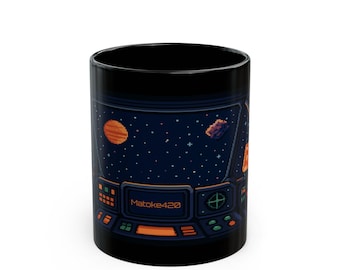 Sci-Fi Retro Cockpit View Personalised Black Mug, Customisable 11oz Ceramic Cup for Sci-Fi Fans, Spaceship Enthusiasts, Geek Gift, Outer