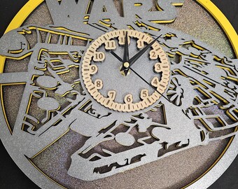 3D Layered Millennium Falcon Clock | Metallic Silver & Yellow Wood Art | Deep Space Glitter Background