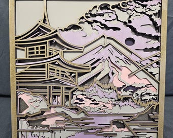 Layered Wood Wall Art – Japanese Pagoda & Mt. Fuji Scene