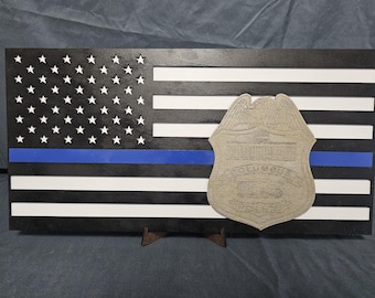 Handcrafted Thin Blue Line Flag – Personalized Police Badge, Wooden Decor