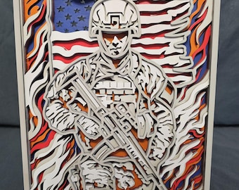 Handmade Layered Wood Soldier Shadowbox | American Flag, Patriotic Decor