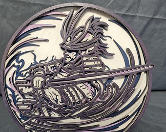 3D Samurai Wood Wall Art – Layered Purple Warrior Decor