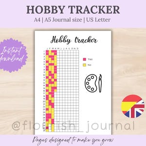 May include: A white hobby tracker journal with the title "Hobby Tracker" at the top. The journal includes a grid for tracking activities, with a color-coded key for "Yes" and "No". A purple sticker says "Instant download".