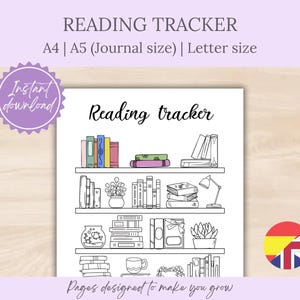 Puede incluir: Un rastreador de lectura en blanco y negro con el texto "Reading tracker" en la parte superior. El diseño presenta una estantería con libros, una lámpara y plantas. El texto "READING TRACKER" y "A4 | A5 (Journal size) | Letter size" están en la parte superior.