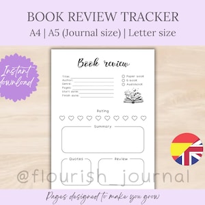Puede incluir: Un rastreador de reseñas de libros blanco con el texto "Book Review Tracker" y "Descarga instantánea". El rastreador incluye secciones para título, autor, género, páginas, fechas, calificación, resumen, citas y revisión.
