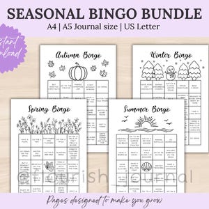 Puede incluir: Un paquete de bingo estacional con cuatro hojas de juego imprimibles para otoño, invierno, primavera y verano. Cada hoja incluye una cuadrícula con actividades, ilustraciones en blanco y negro y etiquetas para tamaños A4, A5 y US Letter.