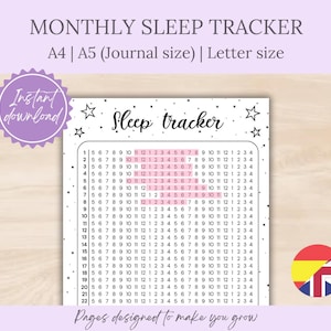 Puede incluir: Una página imprimible de diario de seguimiento del sueño con el título "Monthly Sleep Tracker" y el texto "Sleep tracker" en un estilo manuscrito. La página incluye una cuadrícula para rastrear los patrones de sueño, con estrellas y "Descarga instantánea".