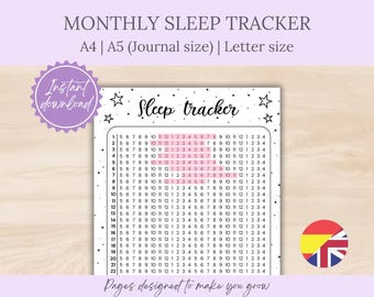 Printbare slaaptracker voor je bullet journal | Maandelijks slaaplogboek en urenregistratie | Pagina voor slaapkwaliteit en -routine | BuJo A5 PDF
