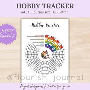 May include: A printable hobby tracker sheet featuring the text Hobby tracker, a circular grid with numbered segments, and a central paint palette icon. The design includes color-coded rows for activities like scrapbooking and photography.