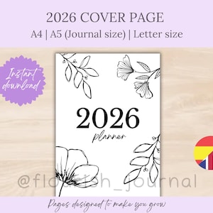 Puede incluir: Una portada de agenda 2026 blanca con arte lineal floral negro. El texto dice "2026 COVER PAGE" y "2026 planner". Incluye el texto "Instant download" y "Pages designed to make you grow".