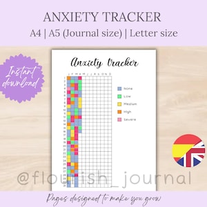 Pode incluir: Um rastreador de ansiedade imprimível em papel branco, com uma grade para rastreamento diário. O título "Anxiety tracker" está no topo, com caixas codificadas por cores indicando os níveis de ansiedade. Inclui o texto "Instant download" e "Pages designed to make you grow".