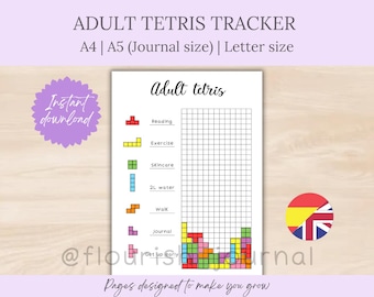 Printbare Tetris-tracker voor volwassen gewoonten voor je bullet journal | Maandelijkse voortgangstracker voor gewoonten | Takenplanner voor volwassenen | BuJo A5 PDF | Volwassen worden