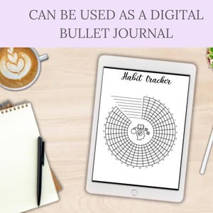 Op de afbeelding: Een digitaal bullet journal-ontwerp op een tablet, met een gewoonte-tracker-ontwerp en de tekst "Habit tracker". Een kopje koffie met latte art, een notitieblok, een pen, een stylus en een kleine vetplant zijn ook zichtbaar.