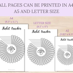 Op de afbeelding: Drie witte habit tracker-afdrukken in A4 (21 cm x 29,7 cm), Letter (21,6 cm x 27,9 cm) en A5 (14,8 cm x 21 cm) formaten. Elk heeft een cirkelvormig raster met een sectie voor het volgen van gewoonten en de tekst "Habit tracker". De tekst "ALLE PAGINA'S KUNNEN WORDEN AFGEDRUKT IN A4, A5 EN LETTER FORMAAT" staat bovenaan.