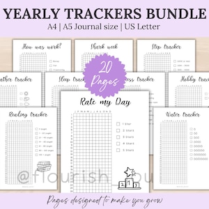 Yearly Trackers Bundle Printable for Bullet Journal | Habit, Mood, Fitness, Reading & Goal Trackers | Yearly Planner Pages | BuJo A5 PDF