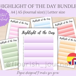 Puede incluir: Un conjunto de páginas de diario imprimibles tituladas "Highlight of the Day". Las páginas presentan un diseño rayado para entradas diarias. Los esquemas de color incluyen rosa, azul, verde, naranja y morado. El texto incluye "Highlight of the Day".