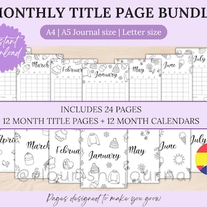 Puede incluir: Un paquete de páginas de título mensuales e imprimibles y calendarios. Las páginas son en blanco y negro con elementos decorativos para cada mes, incluyendo una cuadrícula de calendario. El texto incluye "Monthly Title Page Bundle", "Instant download" y "Pages designed to make you grow".