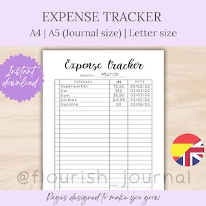 Puede incluir: Una hoja blanca de seguimiento de gastos con el título "Expense Tracker" y el mes de marzo. La hoja incluye secciones para gastos, como supermercado, coche, gimnasio, ropa y gasolina. Disponible en tamaños A4, A5 y carta.
