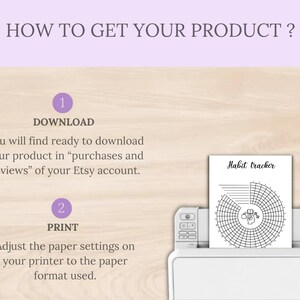 Op de afbeelding: Afbeelding met instructies over het downloaden en afdrukken van een product van Etsy. De tekst luidt "HOE KRIJG JE JE PRODUCT?" met genummerde stappen. Een printer wordt getoond met een "Habit tracker" afdruk.