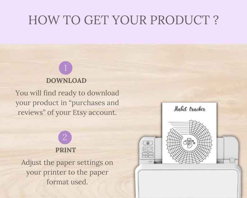 Op de afbeelding: Afbeelding met instructies over het downloaden en afdrukken van een product van Etsy. De tekst luidt "HOE KRIJG JE JE PRODUCT?" met genummerde stappen. Een printer wordt getoond met een "Habit tracker" afdruk.