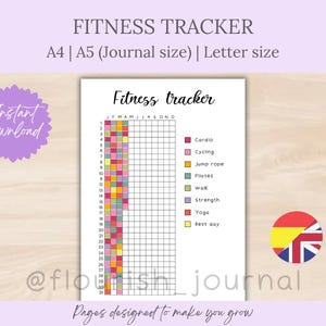 Puede incluir: Una página de diario de seguimiento de fitness con el título "Fitness Tracker" y el texto "A4 | A5 (Journal size) | Letter size". La página incluye una cuadrícula para rastrear actividades como cardio, ciclismo y yoga. Una pegatina morada dice "Descarga instantánea".