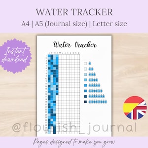 Puede incluir: Una página de diario blanca para el seguimiento del agua, con una cuadrícula para controlar la ingesta de agua. La página incluye el texto "Water tracker" y "Instant download". El rastreador tiene un esquema de color azul y es para un mes.