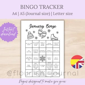 Puede incluir: Un rastreador de Bingo de enero imprimible con ilustraciones de temática invernal, incluyendo un gorro, mitones y patines de hielo. El diseño incluye el texto "January Bingo" y "Instant download". Disponible en A4, A5 y Letter.