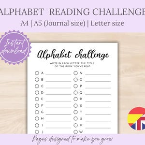 Puede incluir: Una hoja imprimible en blanco para el desafío de lectura del alfabeto con el texto "Alphabet challenge" y indicaciones para los títulos de los libros. Incluye una pegatina morada de "Descarga instantánea" y un gráfico de la bandera española/británica.