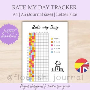 Może przedstawiać: Wydrukowana strona dziennika "Rate My Day Tracker" z tytułem "Rate my Day". Strona zawiera siatkę do codziennych ocen, klucz kodowany kolorami dla ocen gwiazdkowych i tekst "Natychmiastowe pobieranie".