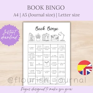 Puede incluir: Un imprimible de Book Bingo en blanco y negro con el texto "Book Bingo" en la parte superior. La tarjeta de bingo incluye indicaciones como "Una novela debut" y "Un libro con una cubierta azul". También son visibles las palabras "Descarga instantánea".