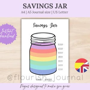 Puede incluir: Un rastreador de ahorros imprimible con una ilustración de un frasco de vidrio con los colores del arcoíris y segmentos horizontales etiquetados de $200 a $1400. El documento incluye el texto Savings Jar, una meta de $1400 y tamaños A4, A5 y US Letter.